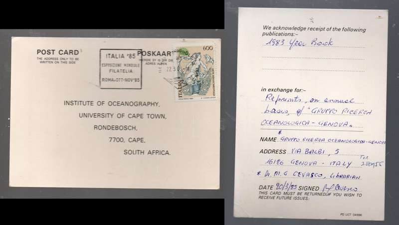 Italy, ITALIA '85 International Stamp Exhibition Rome logo, L600, GENOVA 22.3.85 cds> S.Africa