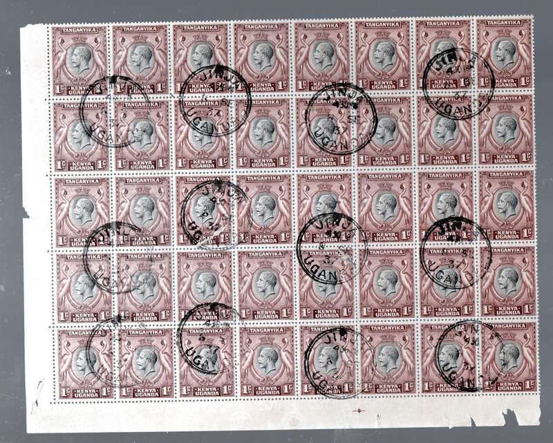 Kenya Uganda Tanganyika GVR, 1935, 1c black & red-brown, block of 40 used  ENTEBBE 8 SE 37 cds