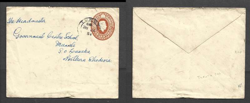 Kenya Uganda Tanganyika, EIIR 20c postal envelope, used TUKUYU 28 JA 54 > Lusaka