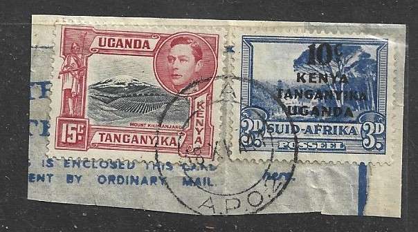 Kenya Uganda Tanganyika GVIR, fragment 15c & 10c E.A. A.P.O.2 18 XI 41 c.d.s.