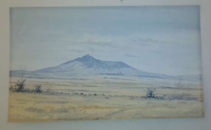 Mt Longonot, Kenya, by Rob O"Meara. Water colour. 53 x 32 cm, mid 20thC.
