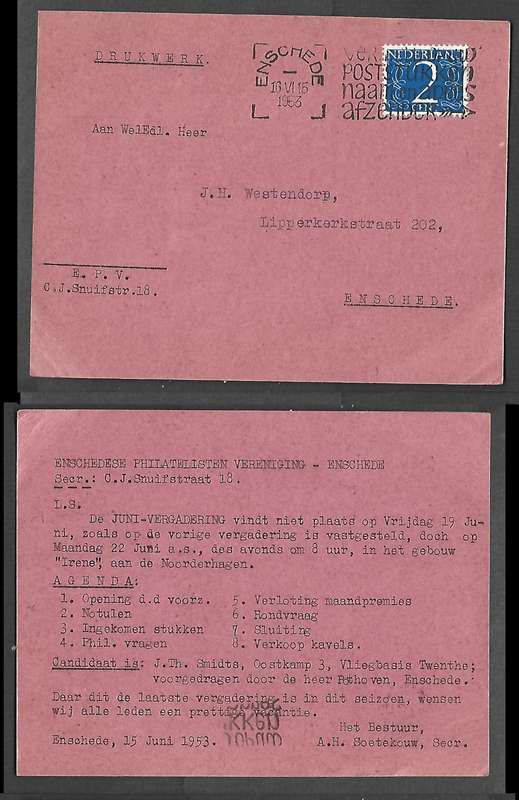 Netherlands, 2cent, ENSCHEDE 16 VI 15 1953cds, local, Philatelic Society notification