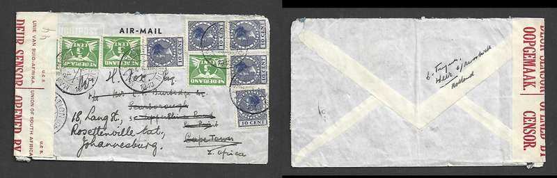 Netherlands, air mail, 64 1/2cents, MAASTRICHT STATION 24.1.1940 > S. Africa, Union Censor label