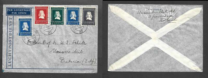Netherlands Van Riebeek set of 4 + extra 20 to make airmail rate S'GRAVENHAAG 13 V 52 > S. Africa