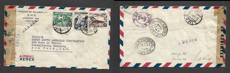 Peru reg air 77c LIMA 27 MAR 45 cds > NEW YORK REG'Y DIV 30.3.1945 (& 31.3), NEW YORK GPO AP 2 1945