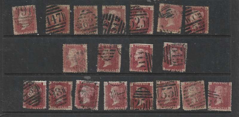 Great Britain  VRI   1858 - 78, 1d red, SG43 Plate160, used, 7 x fair/good, 12 damaged