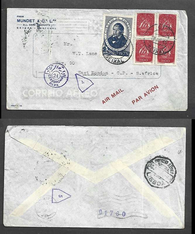 Portugal, air mail, 5$75, SEIXAL 29 JUL 45>East London LISBOA & CAIRO transits, Egypt Censor 24
