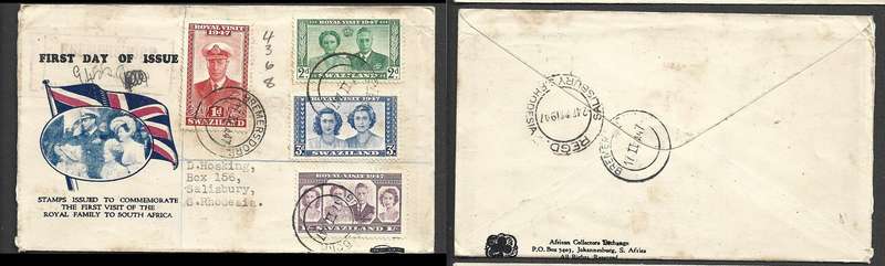 Swaziland GVIR Royal Visit, registered, BREMERSDORP 17 II 47 c.d.s. > SALISBURY