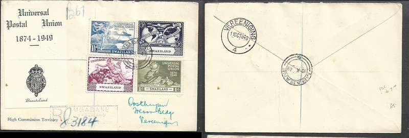 Swaziland GVIR UPU FDC, registered, MBABANE 10 X 49 c.d.s. >VEREENIGING