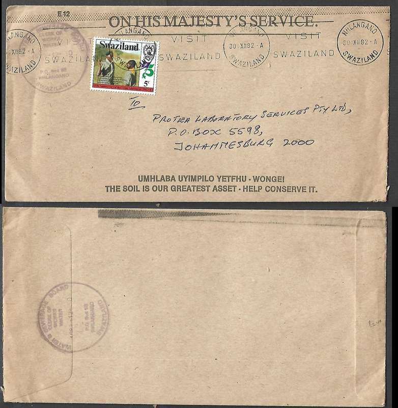 Swaziland OHMS WATER & SEWRAGE BOARD long cover, 5c MHLANGANO 30 XII 82 c.d.s > Johannesburg