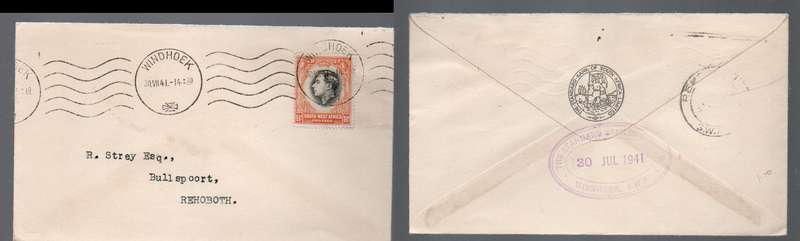 South West Africa 1 1/2d cover WINDHOEK 30 VII 41 cds & wavy lines > REHOBOTH 31 (VII 41)