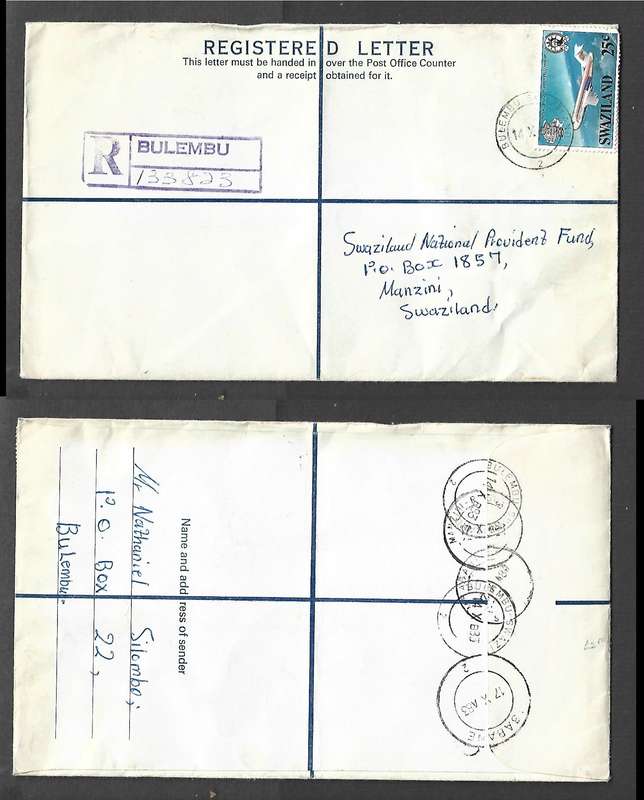 Swaziland registered cover, 25c BULEMBU 14.10.83 c.d.s > MANZINI, MBABANE transit