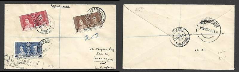 Swaziland, GVIR Coronation, First Day, registered, MBABANE 12 MAY 37c.d.s. > VEREENIGING