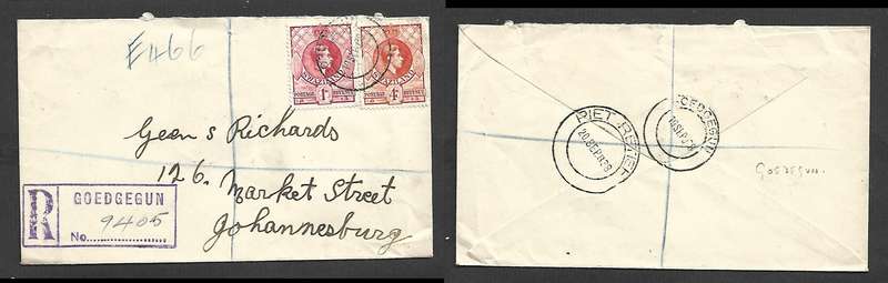 Swaziland GVIR 5d(1 x4d, 1x1d), registered GOEDGEGUN 19 SEP 38 cds>Johannesburg, PIET RETIEF transit
