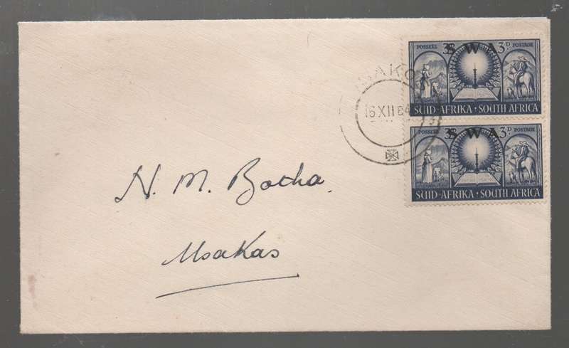 South West Africa 6d, pair of 3d Voortrekker Monument, cover, USAKOS 16 XII 49 cds> Usakos