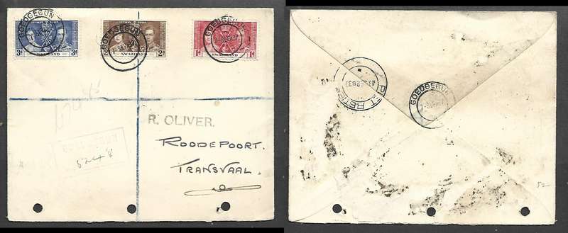 Swaziland GVIR Coronation,FDC, registered,GOEDGEGUN 12 MAY 37c.d.s. >Vereeniging PIET RETIEF transit