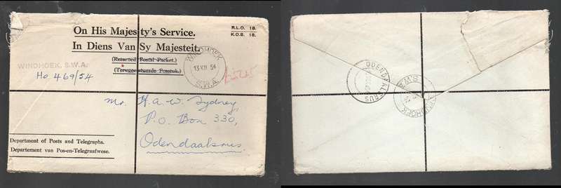 South West Africa, O.H.M.S envelope, unfranked registered WINDHOEK 13 XII 54cds>ODENDALSRUS