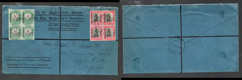 South West Africa, 1/2d 1d blocks OHMS Returned Postal Packet env, WINDHOEK 11 APR 30cds > London