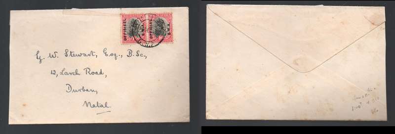 South West Africa,  1d pair 1929OFFICIAL OFFISIEEL S.W.A opt on S.Africa, WINDHOEK 29 DE ?cds>Durban
