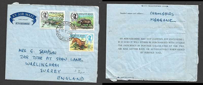 Swaziland,1969, aerogramme, 7 1/2c, MBABANE 13.X.69 c.d.s > England