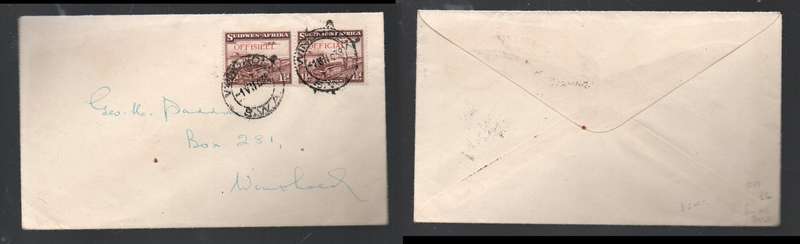South West Africa, 1 1/2d pair opt OFFICIAL OFFISIEEL , WINDHOEK 1 VII 38 cds FIRST DAY of ISSUE