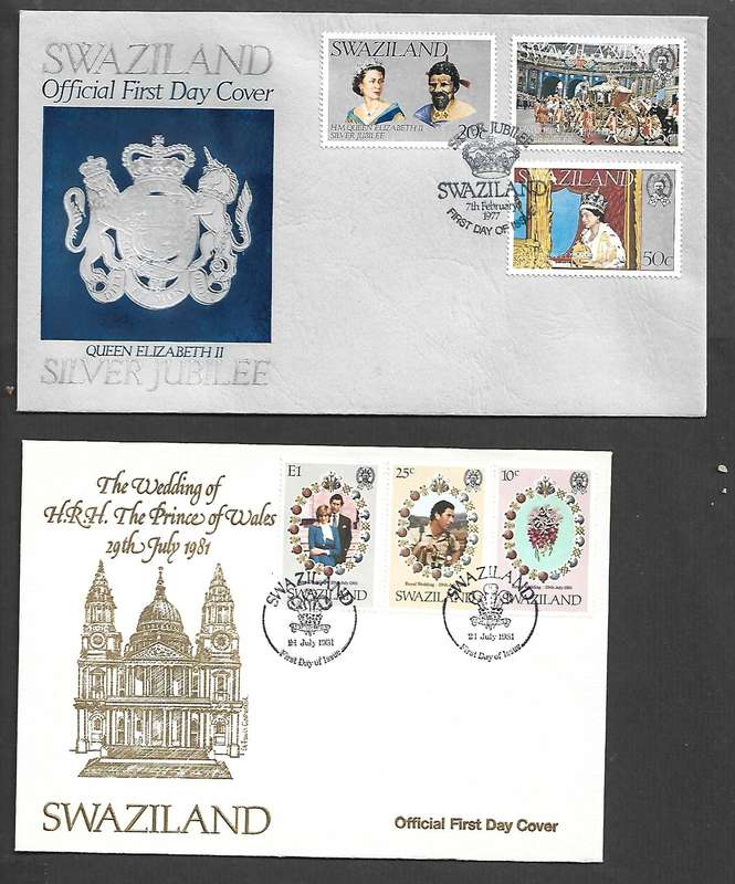 Swaziland 2 x FDC,  1977 EIIR Silver Jubilee, 1981 Royal Wedding, Charles & Diana