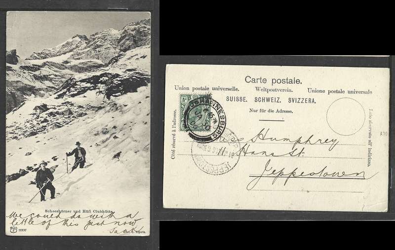Swiss mountaineers PPC, used 1/2d, JOHANNESBURG JA 30 06 > JEPPESTOWN JOHANNESBURG31 JAN 06
