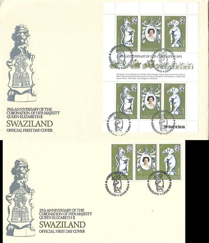 Swaziland 2 x FDC, EIIR  25th Anniversary of Coronation, strip of 3 & Miniature Sheet