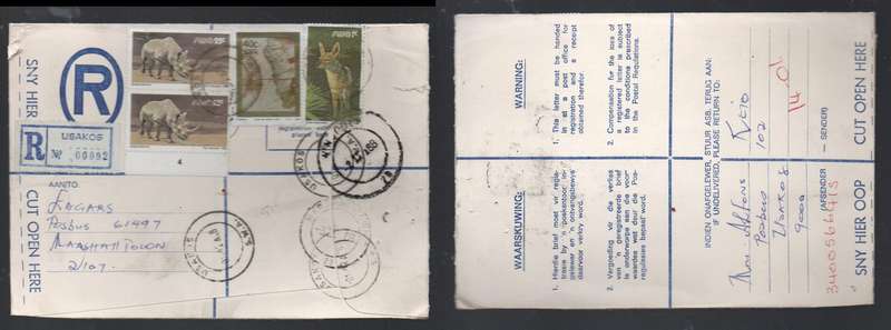 South West Africa, registered 91cents, UIS 1 II 88 cds > MARSHALL TOWN, ?? transit