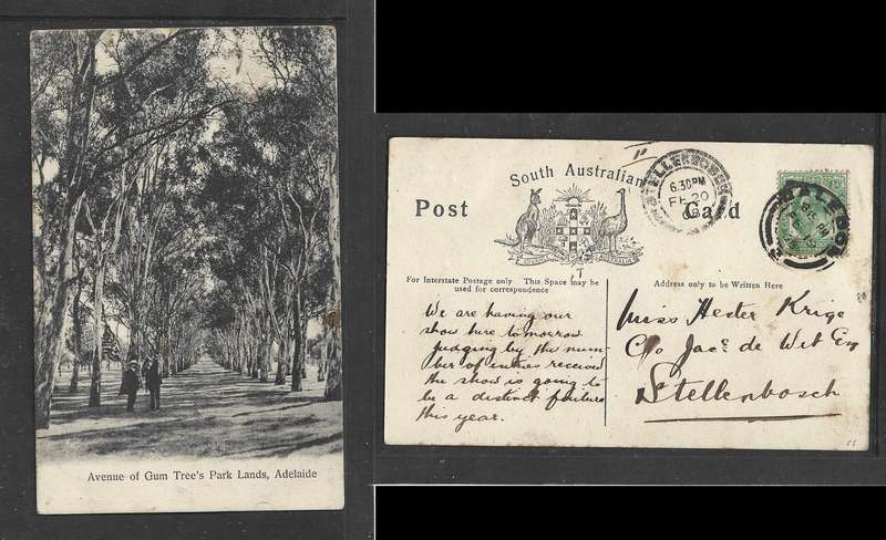 Adelaide S Australia PPC, CoGH 1/2d, CALEDON FE 19 08 > STELLENBOSCH FE 20 08