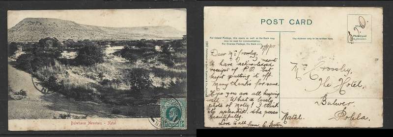 Bulwhana Mountain, Natal, used, 1/2 PIETERMARITZBURG SP28 07 c.d.s. > Bulwer Pobla
