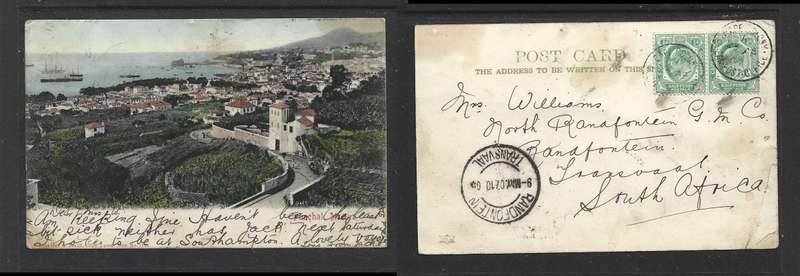 South Africa, PPC Funchal Madeira, used 1/2d CAPE COLONY OCEAN POST OFFICE 23 AP 07 > RANDFONTEIN