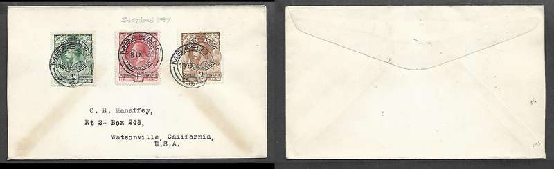 Swaziland GVR 1/2d, 1d, 2d cover MBABANE 18 IX 39 cds > USA