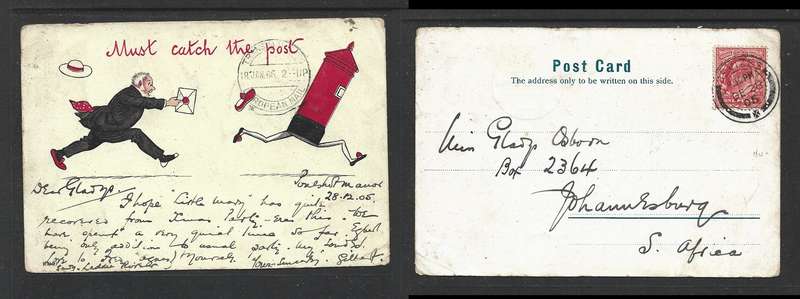 Humour card, UK, 1d, DEVIZES DE 28 05 > Johannesburg, TRANSVAAL T.P.O. EUROPEAN MAIL transit