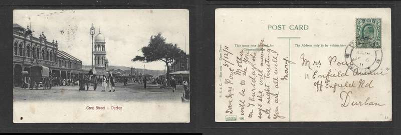 Grey Street, Durban, used Transvaal 1/2d, DURBAN DE 6 11 > Durban