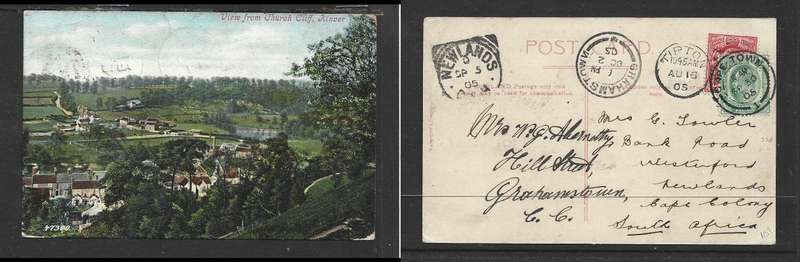 UK card, 1d, TIPTON AU 16 05 cds, > NEWLANDS SP 5 05 sq cds, redirect 1/2d CAPETOWN > GRAHAMSTOWN