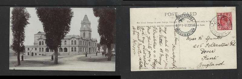 Krugersdorp Town Hall, Transvaal 1d, WEST KRUGERSDORP 27 NOV 11 > England, KRUGERSDORP transit
