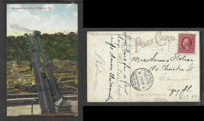 PPC 1910  PITTSBURG SHRIDANVILLE STATION> Cairo, PORT-SAID-CAIRO T.P.O. FOREIGN MAILS 7.IX.10