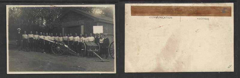 Photo postcard. Royal Navy, artillery group, before J. FORREST &Co barn (poss in Lanark, Scotland)
