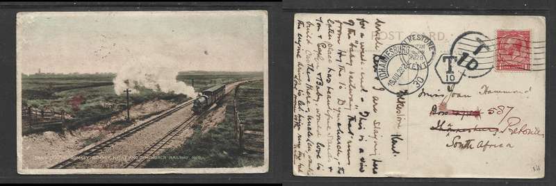 Train leaving Romney, GB 1d, FOLKSTONE KENT 25 JN 1928 > JOHANNESBURG, Taxe marks: T 1D & T10