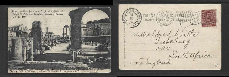 > P.O. FICKSBURG O.R.C.10 MR 05, PPC Foro Romano, 10c, ROMA 13-2-05cds + Flag V(ictor)E(mmanuel)
