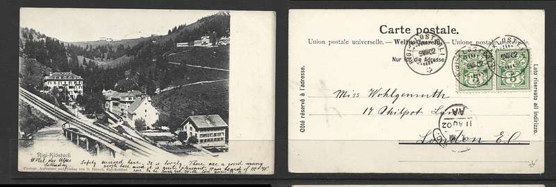 Rigi Klosterli PPC, 10c, RIGI-KLOSTERLI 9 VIII 02 cds > LONDON E.C. 7AM 11 AU 02 AA, hooded c.d.s.