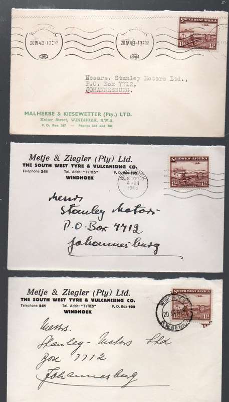 South West Africa transport 1 1/2d, WINDHOEK 20 IV 48, 4 XII 1948, 20 II 49  cds >Johannesburg