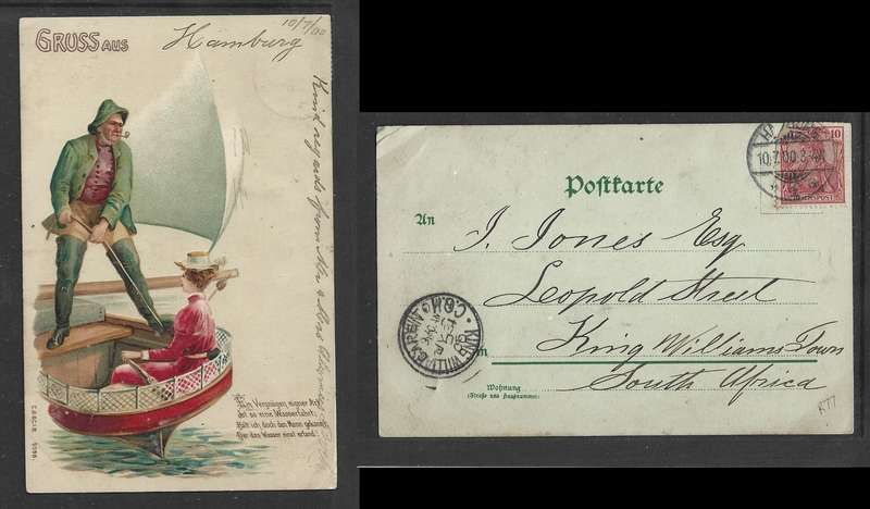 Eduard Boettner & Co., PPC, 10pf HAMBURG 10.7.00 cds > KING WILLIAMS TOWN, CAPE TOWN transit