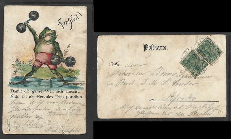 Germany comic frog PPC, used 10pf, BERLIN-LEIPZIG BAHNPOST ....00 > S.M.S.Condor in Afrika