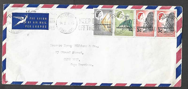 Swaziland EIIR long cover, 9c air mail MANZINI 14 II 60 cds + KEEP DEATH OFF THE ROADS > Cape Town