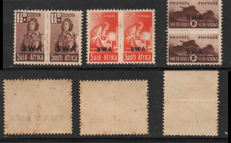 South West Africa 1943, small wars, 1 1/2d, 6d, 1/- of S.Africa pairs optS.W.A.,MH* gum tone