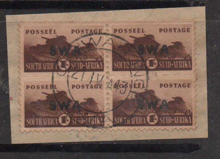 South West Africa 1943-4, small wars, 1/- of S.Africa optlarge  S.W.A.,block used