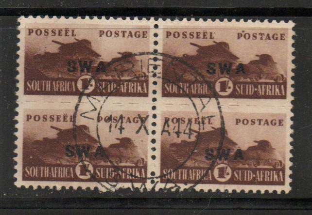 South West Africa 1943-4, small wars, 1/- of S.Africa opt small  S.W.A.,block used