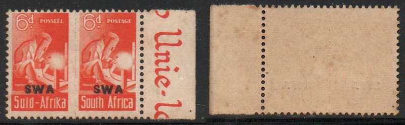 South West Africa 1943, small wars, 6d, welder, of S.Africa pairs opt S.W.A.,MH* gum browning